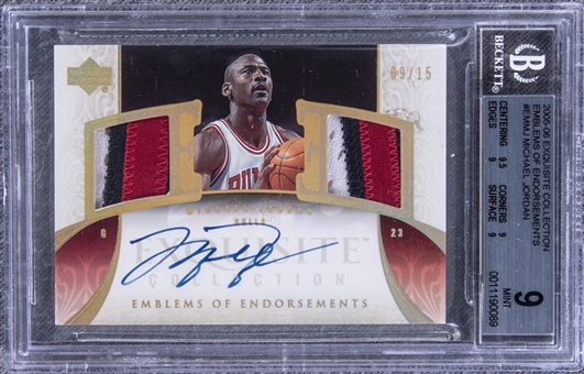 2005-06 UD "Exquisite Collection" Emblems of Endorsement #EM-MJ Michael Jordan Signed Dual Game Used Patch Card (#09/15) – BGS MINT 9/BGS 9